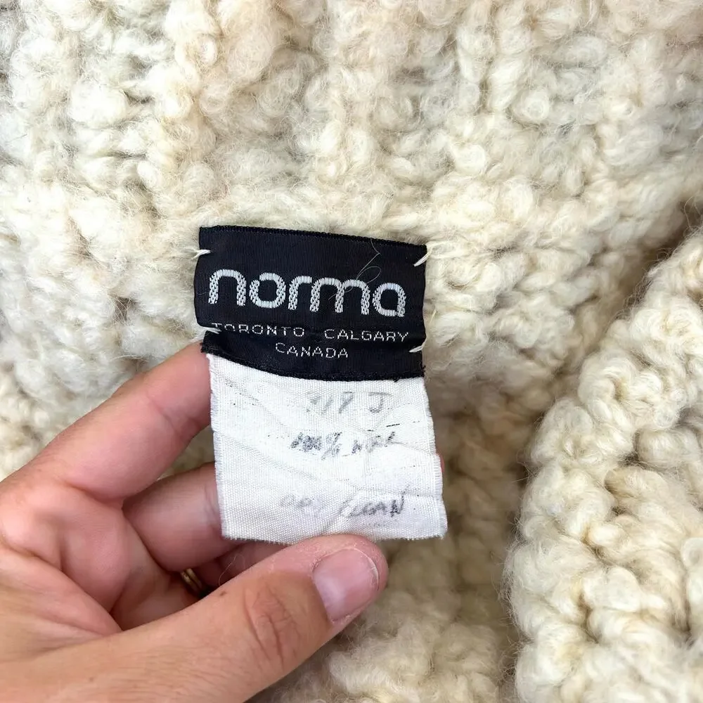 Vintage Norma Canada Sweater Chunky Knit Crochet Boho Beige Wool Full Zip Small